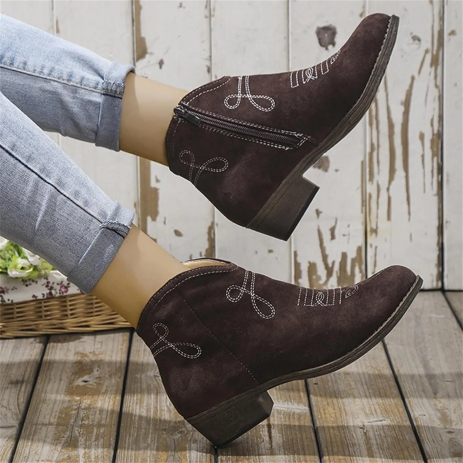 Women's Ankle Boots Low Chunky Heel Comfortable Short Fall Booties Zipper Shoes Suede Pointed Toe V Cut Chunky Mid Heels Western Cowboy Dress Short Ladies Boots