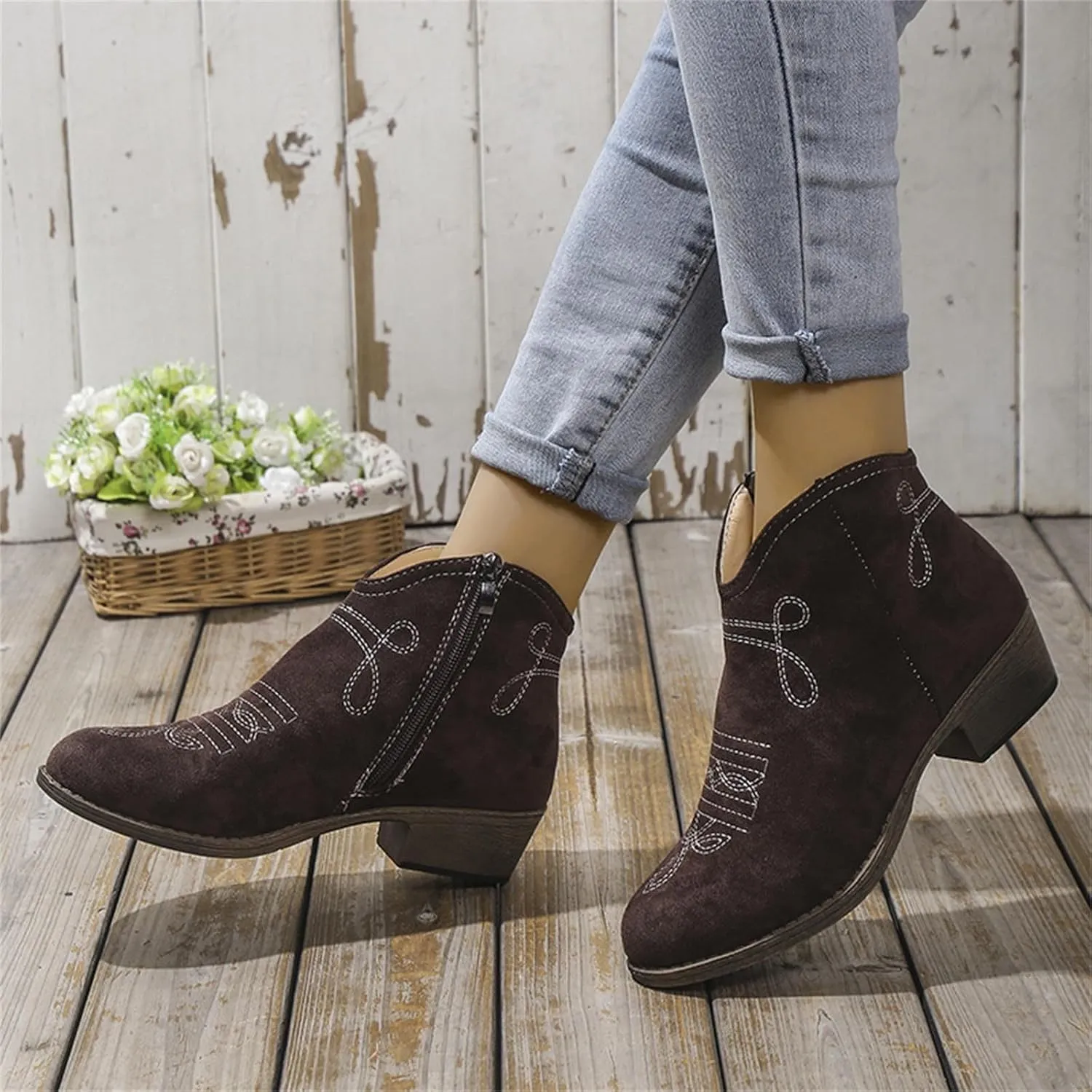 Women's Ankle Boots Low Chunky Heel Comfortable Short Fall Booties Zipper Shoes Suede Pointed Toe V Cut Chunky Mid Heels Western Cowboy Dress Short Ladies Boots