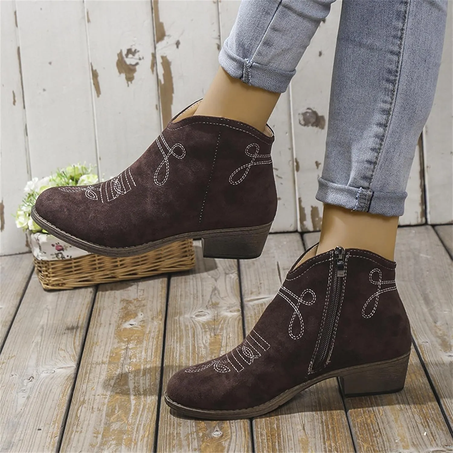 Women's Ankle Boots Low Chunky Heel Comfortable Short Fall Booties Zipper Shoes Suede Pointed Toe V Cut Chunky Mid Heels Western Cowboy Dress Short Ladies Boots