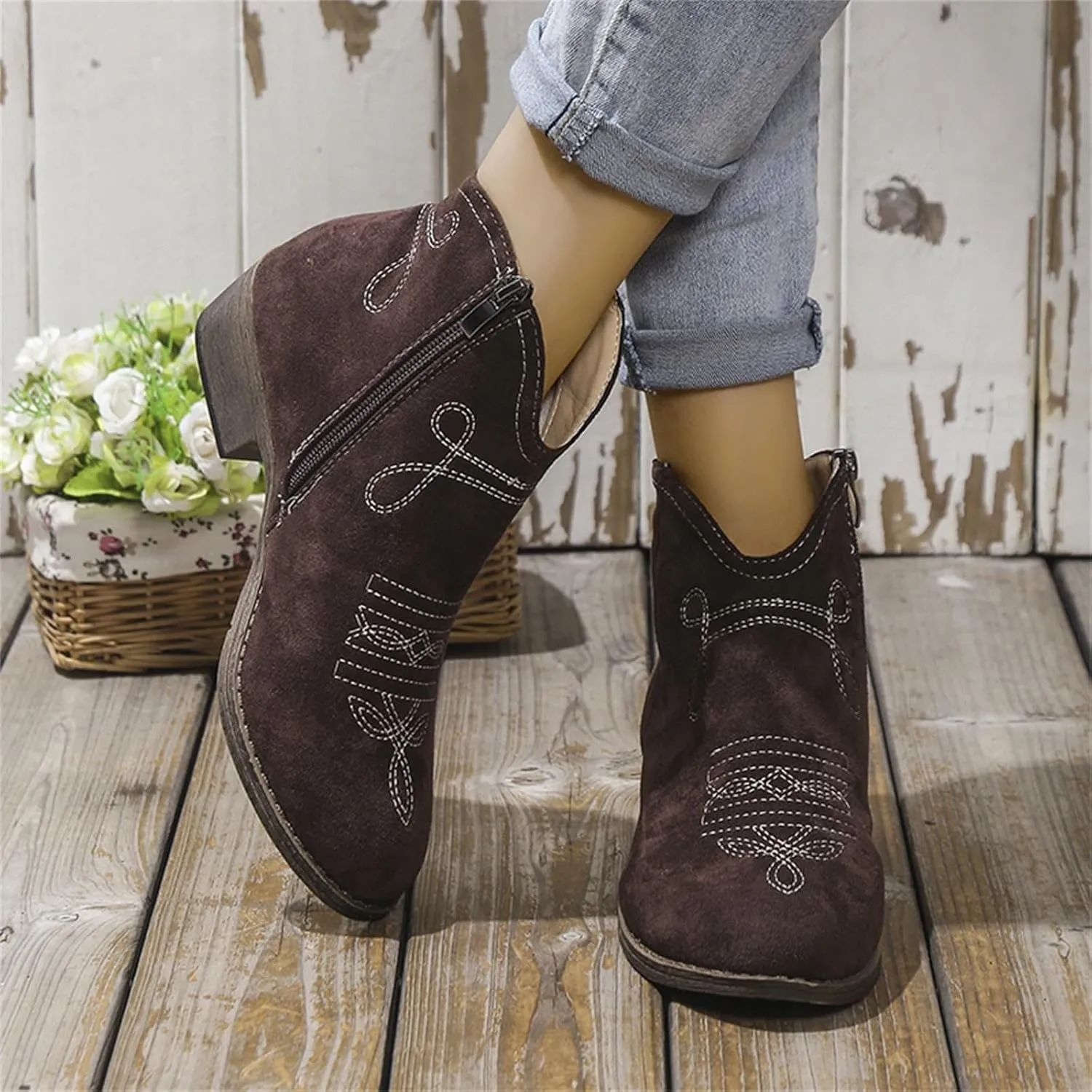 Women's Ankle Boots Low Chunky Heel Comfortable Short Fall Booties Zipper Shoes Suede Pointed Toe V Cut Chunky Mid Heels Western Cowboy Dress Short Ladies Boots
