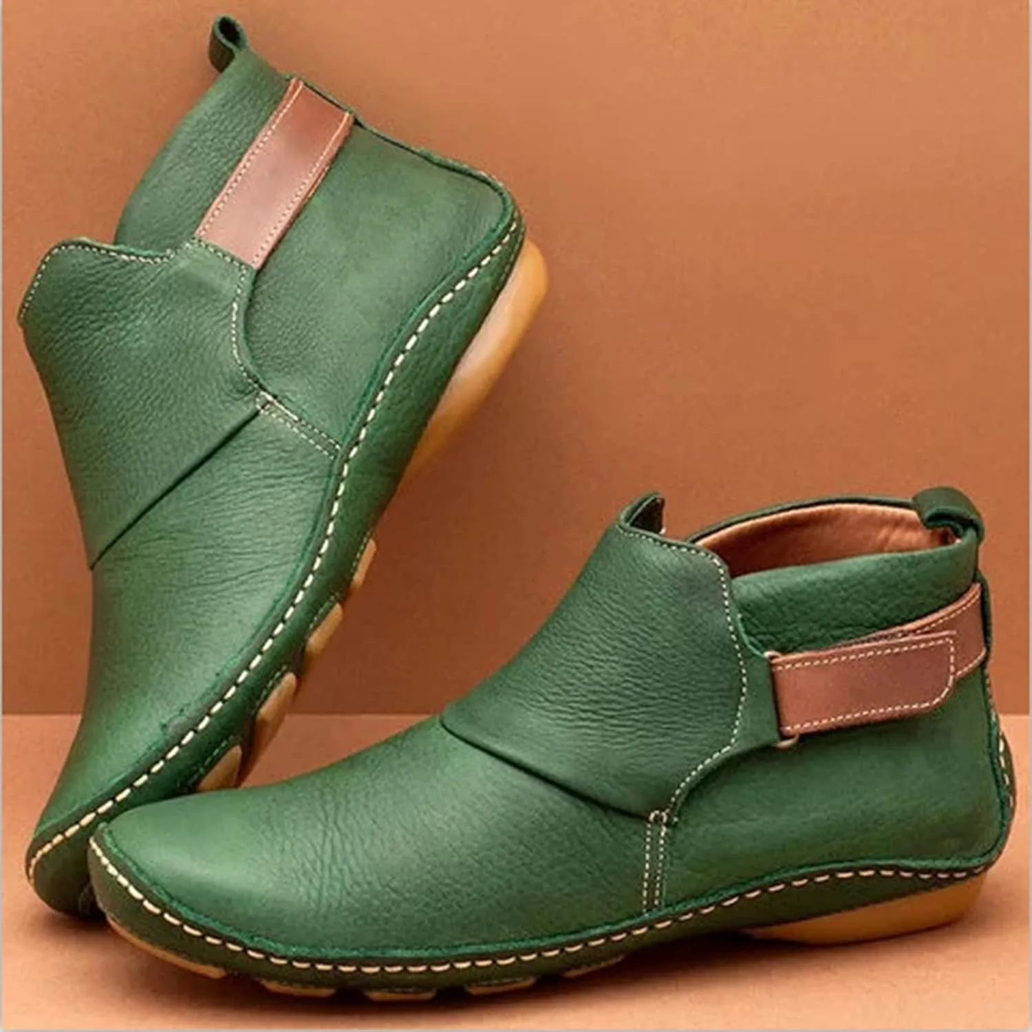 Womens Ankle Boots Low Chunky Heels Comfortable Short Fall Booties Leather Resistant Round Toe Flat Slouch Boot
