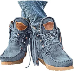 Women's Ankle Boots Low Heel Short Boots Retro Boho Suede Tassel Fringe Boots Lace Up Round Toe Flat Walking Booties - Blue, US Size 8.5 (Asian Size 40)