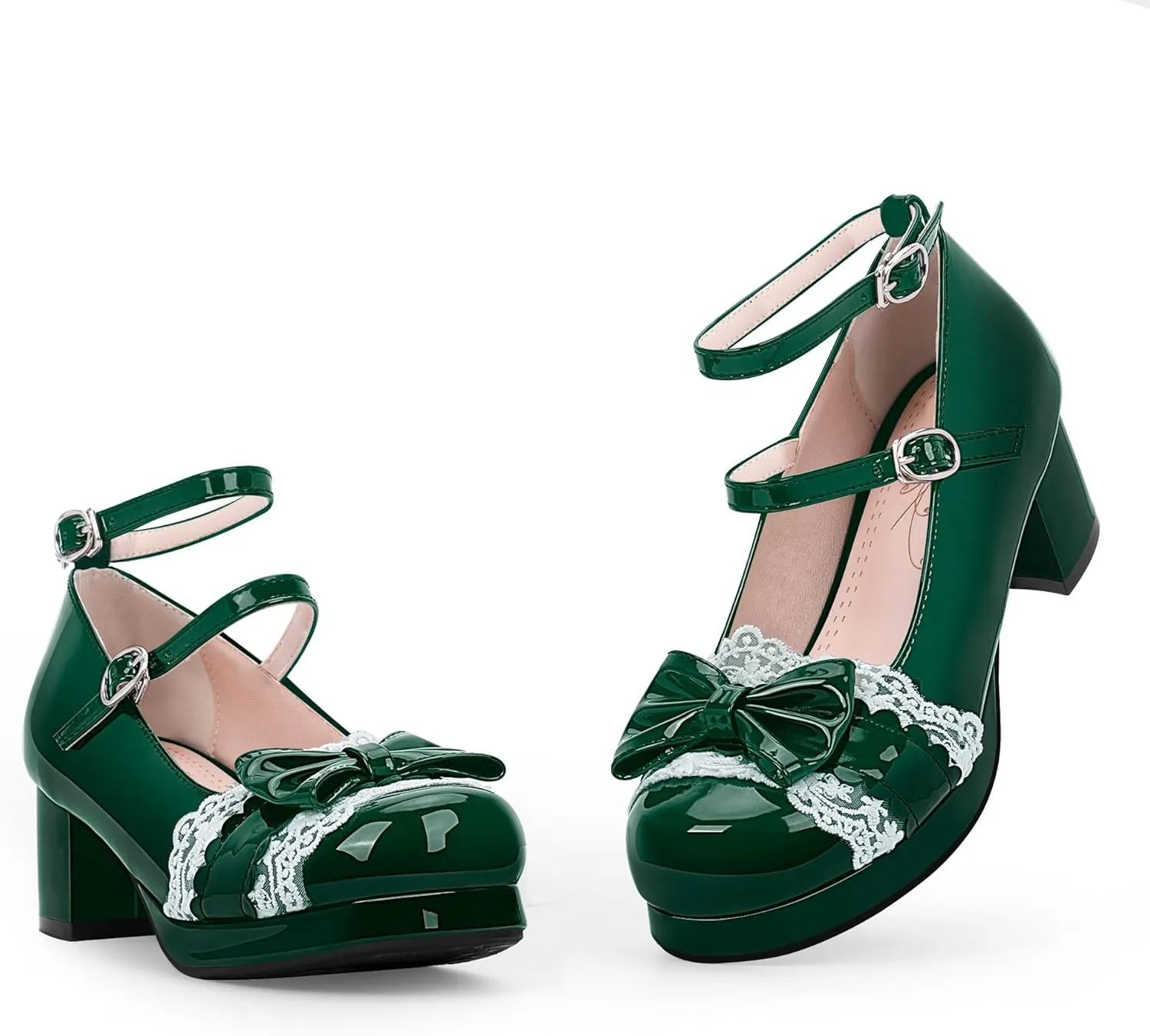 Women's Bow Plafrom Mary Janes Patent Leather Chunky Heel Lace Ankle Strap Dress Pumps