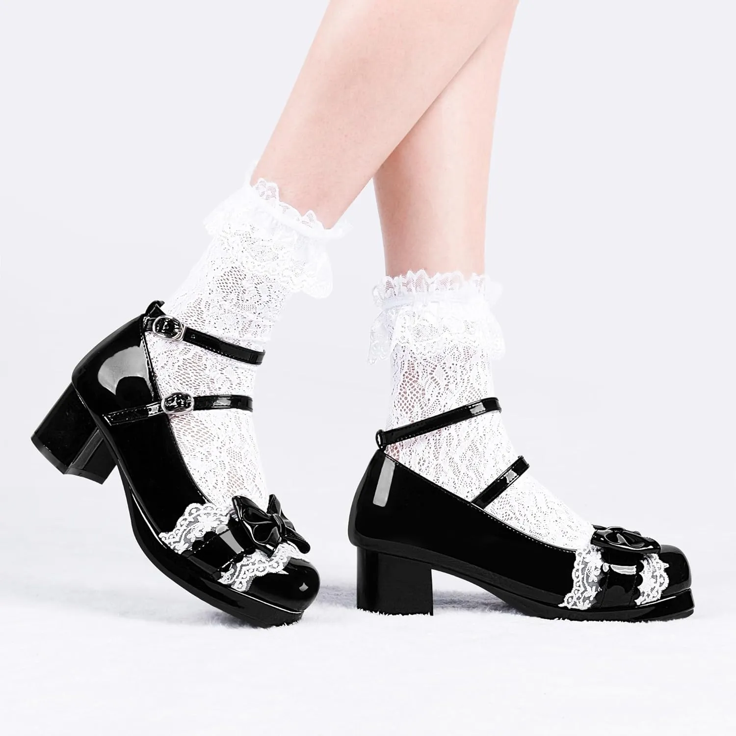 Women's Bow Plafrom Mary Janes Patent Leather Chunky Heel Lace Ankle Strap Dress Pumps