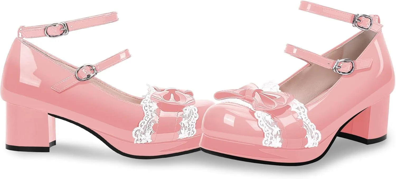 Women's Bow Plafrom Mary Janes Patent Leather Chunky Heel Lace Ankle Strap Dress Pumps