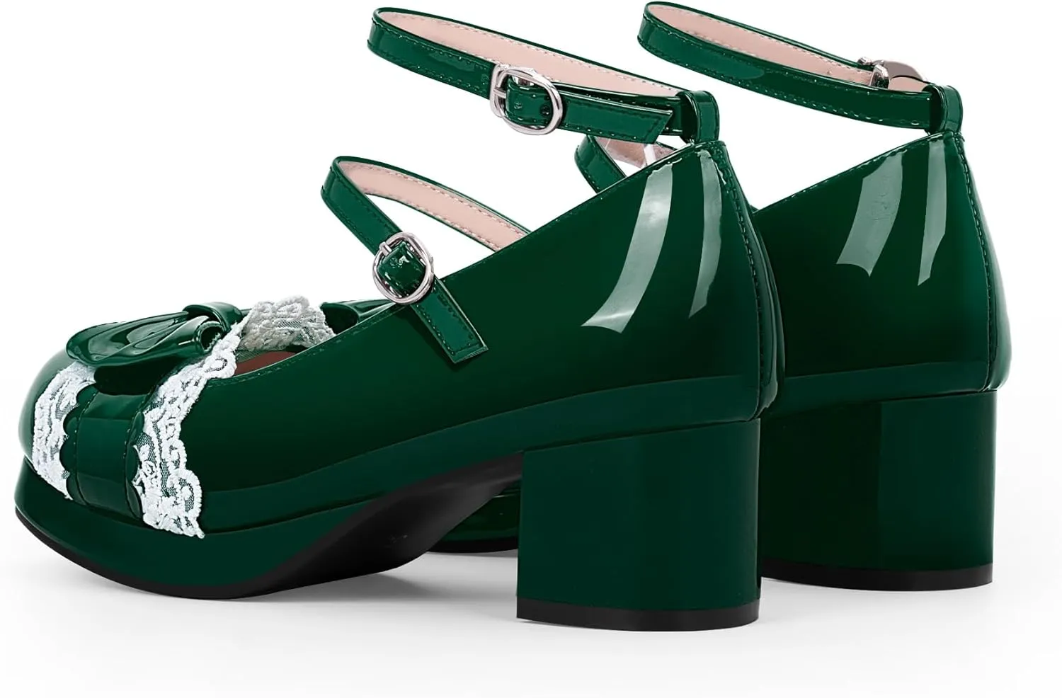 Women's Bow Plafrom Mary Janes Patent Leather Chunky Heel Lace Ankle Strap Dress Pumps