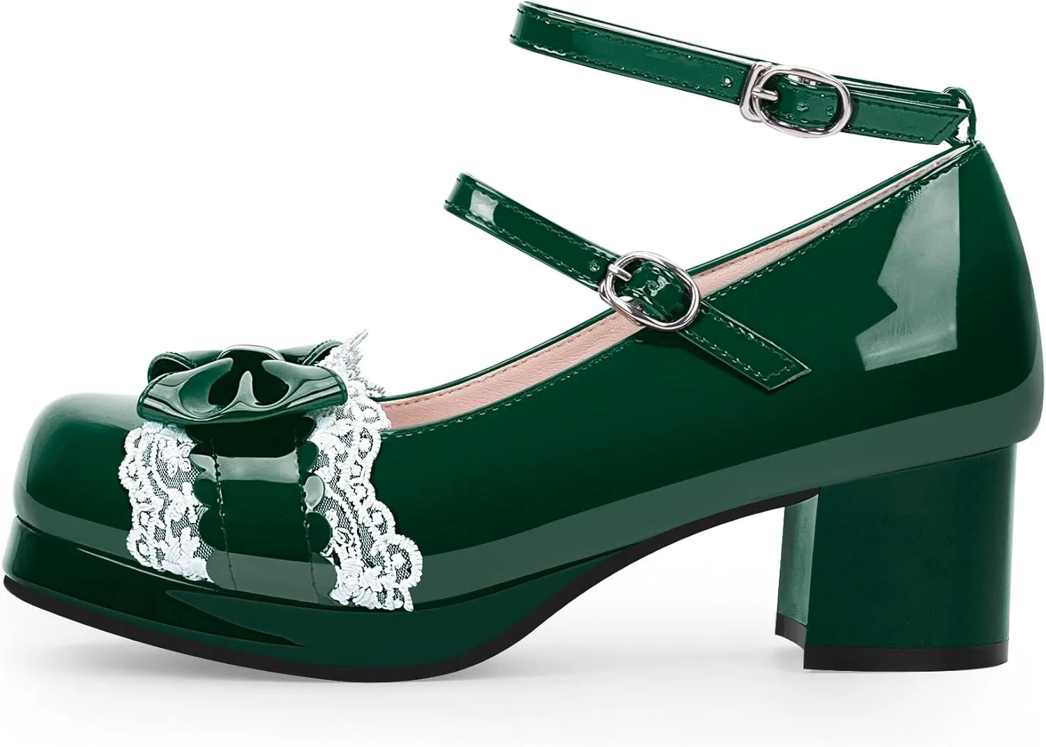 Women's Bow Plafrom Mary Janes Patent Leather Chunky Heel Lace Ankle Strap Dress Pumps