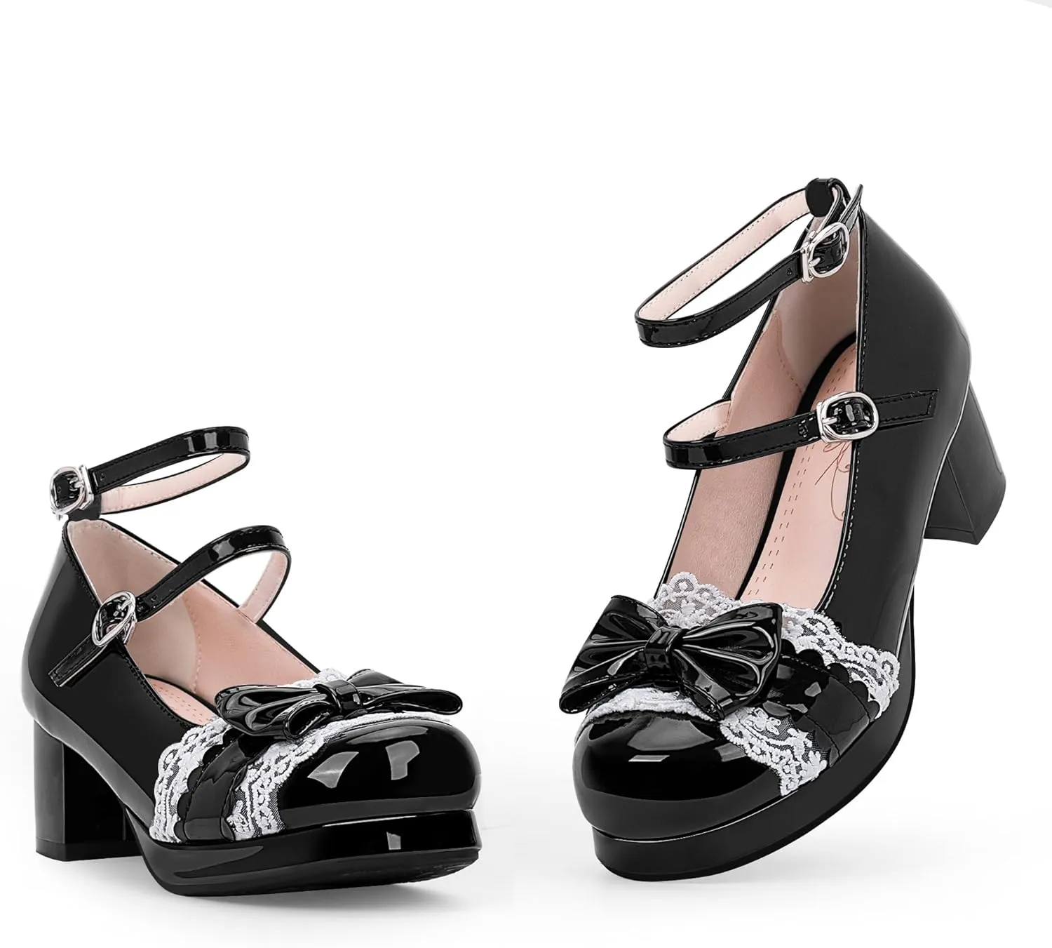 Women's Bow Plafrom Mary Janes Patent Leather Chunky Heel Lace Ankle Strap Dress Pumps