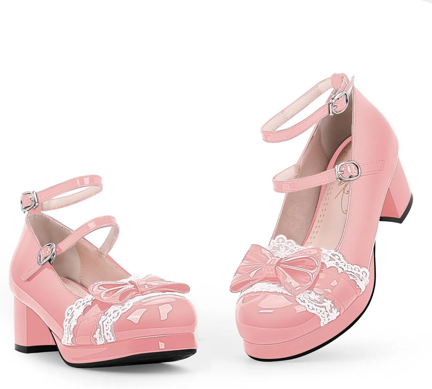 Women's Bow Plafrom Mary Janes Patent Leather Chunky Heel Lace Ankle Strap Dress Pumps