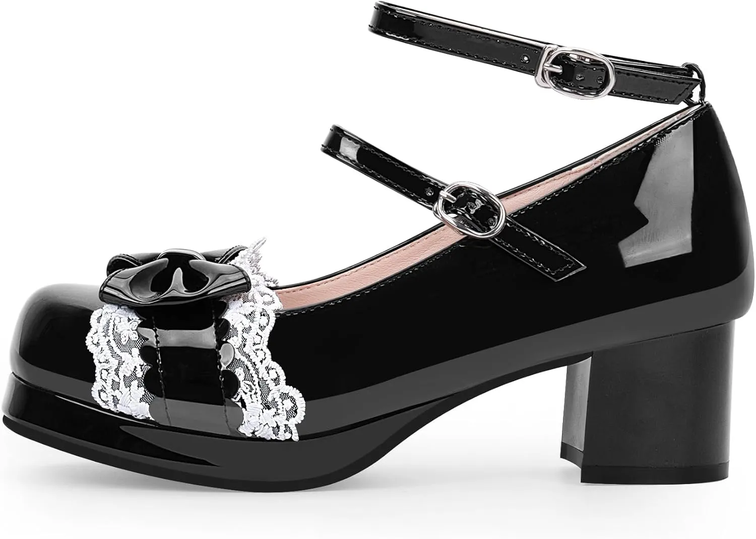 Women's Bow Plafrom Mary Janes Patent Leather Chunky Heel Lace Ankle Strap Dress Pumps