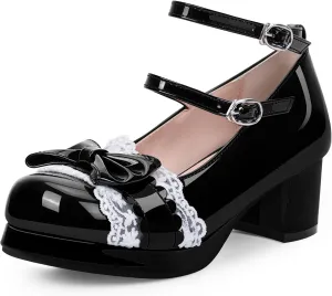 Women's Bow Plafrom Mary Janes Patent Leather Chunky Heel Lace Ankle Strap Dress Pumps