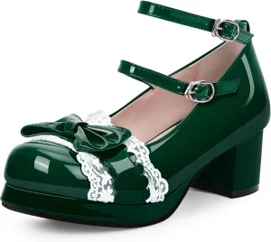 Women's Bow Plafrom Mary Janes Patent Leather Chunky Heel Lace Ankle Strap Dress Pumps