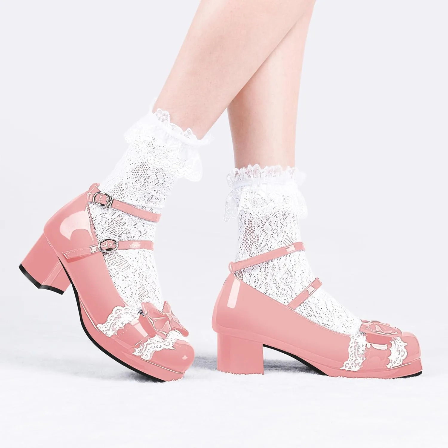 Women's Bow Plafrom Mary Janes Patent Leather Chunky Heel Lace Ankle Strap Dress Pumps