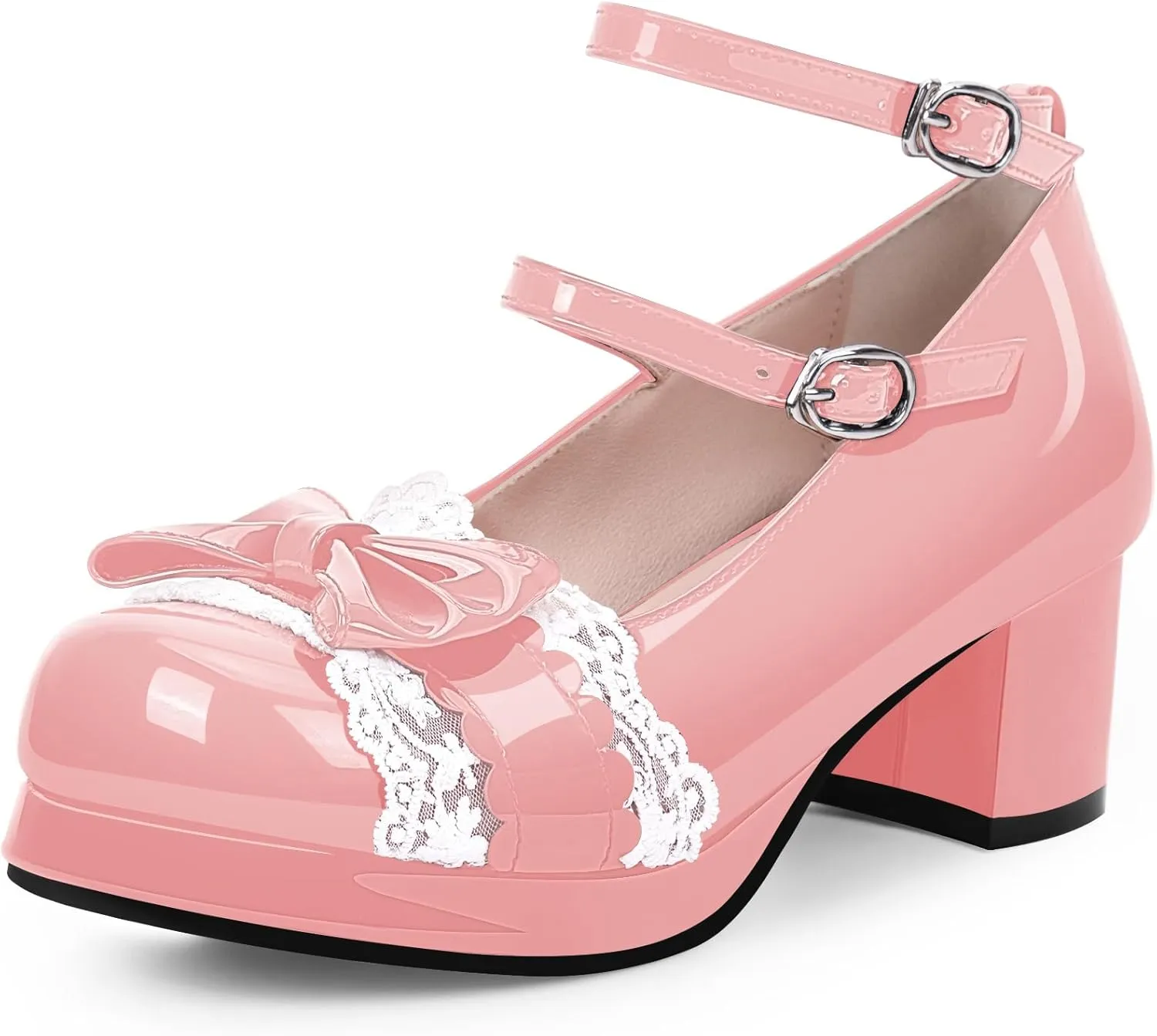 Women's Bow Plafrom Mary Janes Patent Leather Chunky Heel Lace Ankle Strap Dress Pumps
