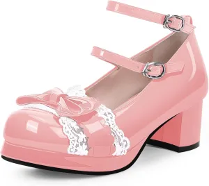 Women's Bow Plafrom Mary Janes Patent Leather Chunky Heel Lace Ankle Strap Dress Pumps