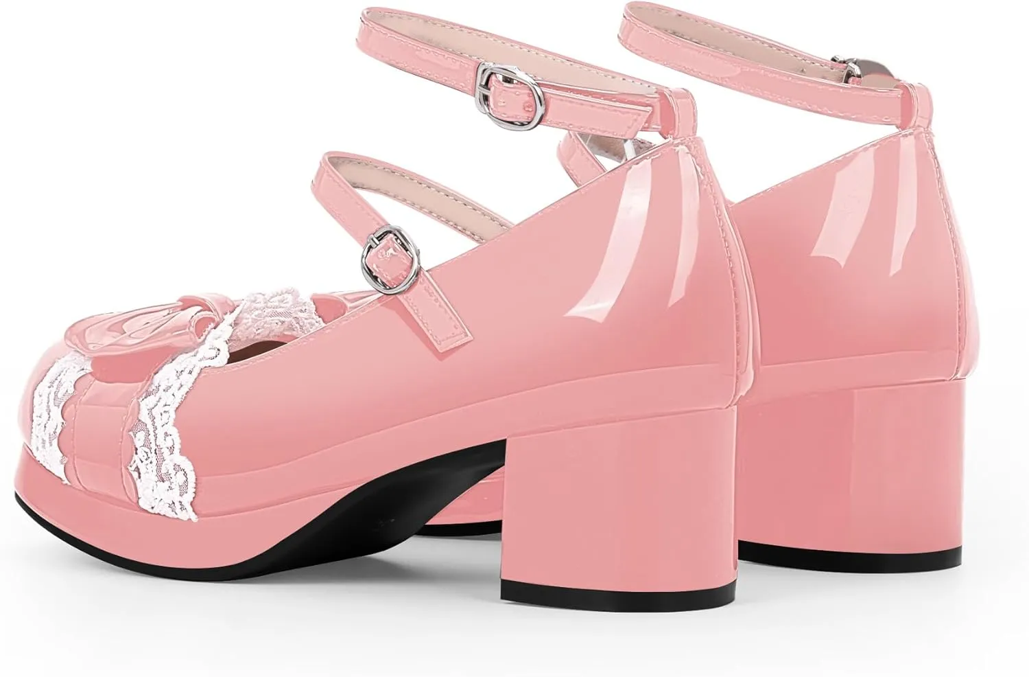 Women's Bow Plafrom Mary Janes Patent Leather Chunky Heel Lace Ankle Strap Dress Pumps