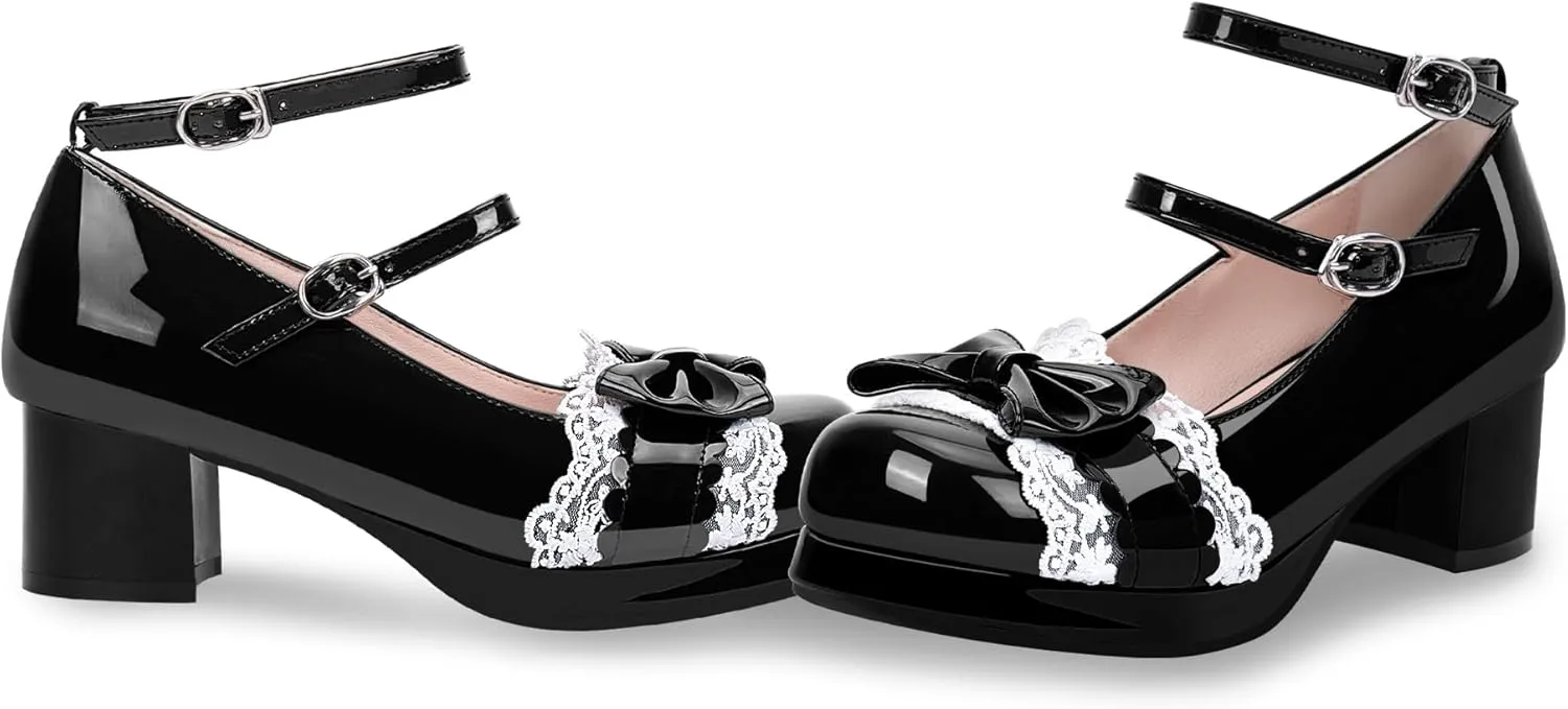 Women's Bow Plafrom Mary Janes Patent Leather Chunky Heel Lace Ankle Strap Dress Pumps