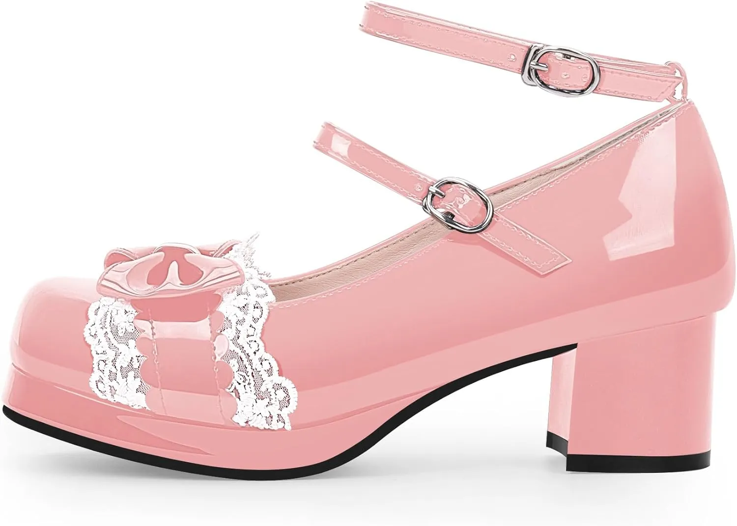 Women's Bow Plafrom Mary Janes Patent Leather Chunky Heel Lace Ankle Strap Dress Pumps