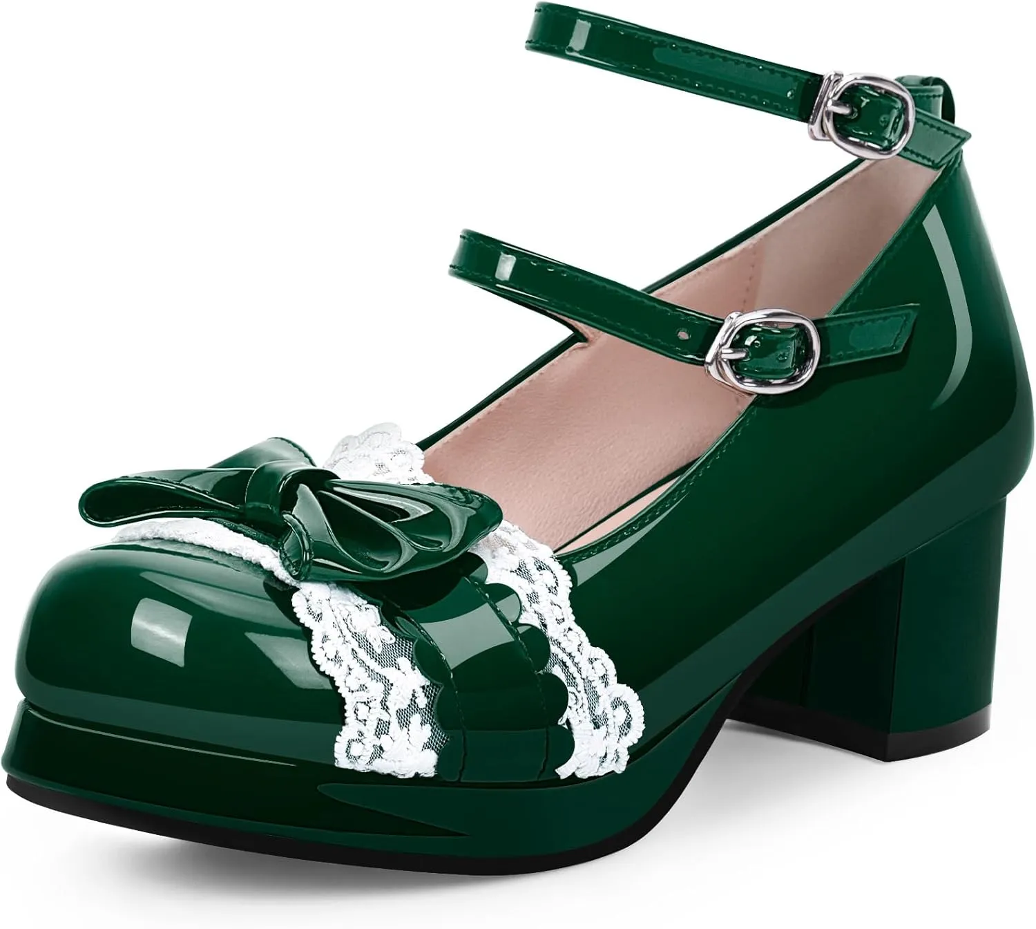 Women's Bow Plafrom Mary Janes Patent Leather Chunky Heel Lace Ankle Strap Dress Pumps