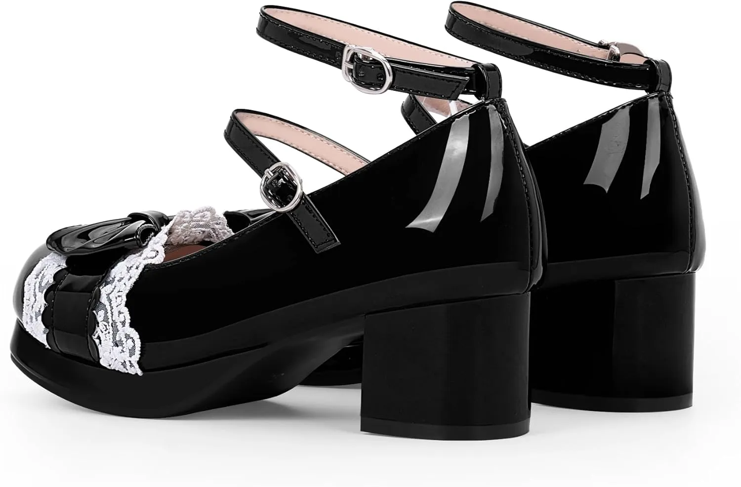 Women's Bow Plafrom Mary Janes Patent Leather Chunky Heel Lace Ankle Strap Dress Pumps