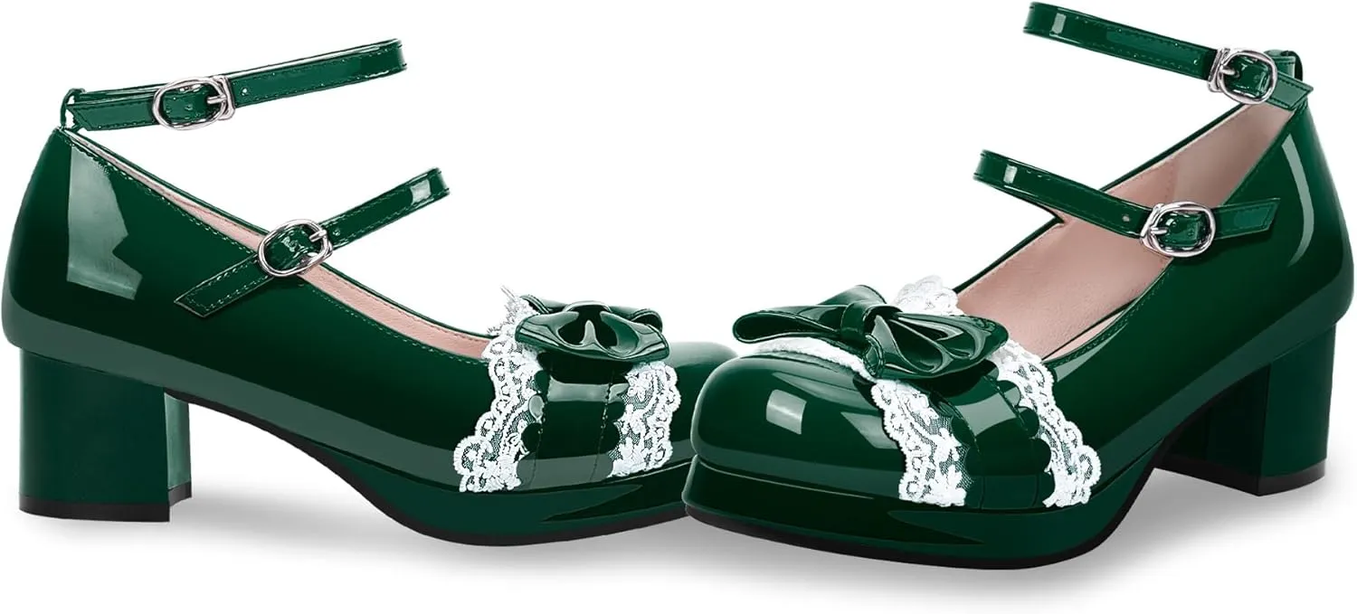 Women's Bow Plafrom Mary Janes Patent Leather Chunky Heel Lace Ankle Strap Dress Pumps