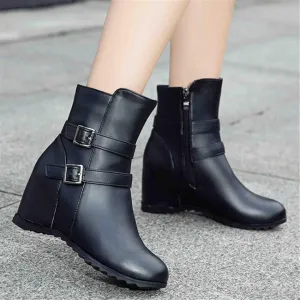 Women's Chelsea Boots British Style Short Boots with Wedge Heel Retro Ankle Boots Boots with Buckle Warm Snow Boots with Zipper Women PU Leather Shoes