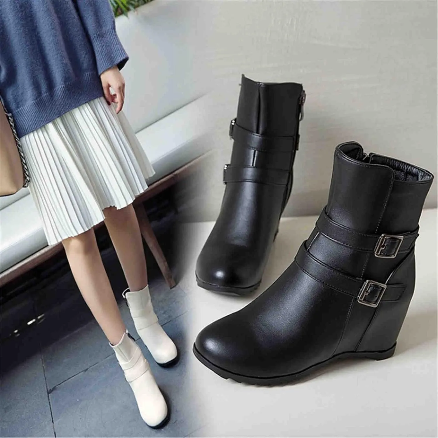 Women's Chelsea Boots British Style Short Boots with Wedge Heel Retro Ankle Boots Boots with Buckle Warm Snow Boots with Zipper Women PU Leather Shoes