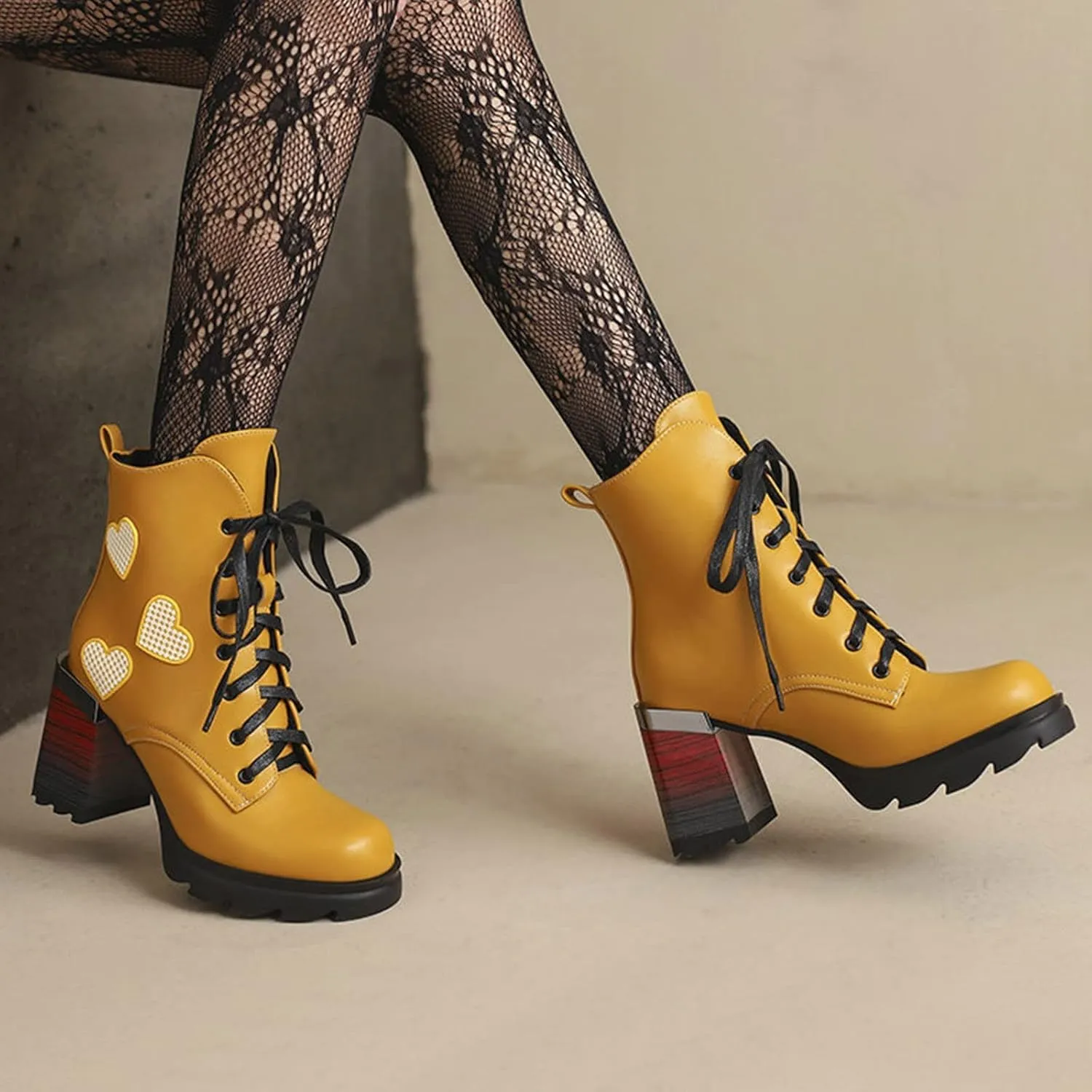 Women's Chunky Heel Ankle Booties Platform Round Toe High Block Heel Lace up Combat Boots Fashion Boot Shoes