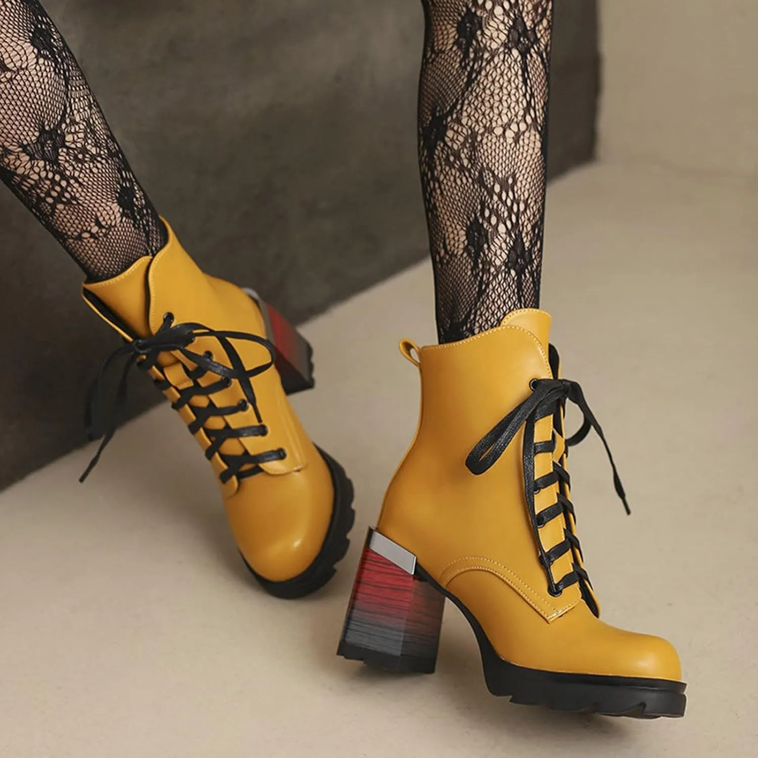 Women's Chunky Heel Ankle Booties Platform Round Toe High Block Heel Lace up Combat Boots Fashion Boot Shoes
