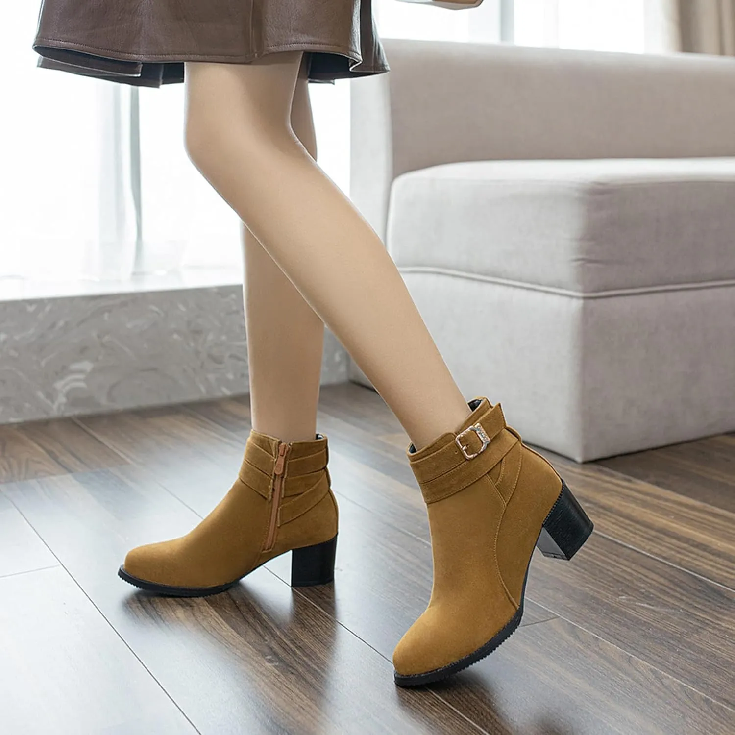 Women's Chunky Heel Ankle Boots Side Zipper Booties