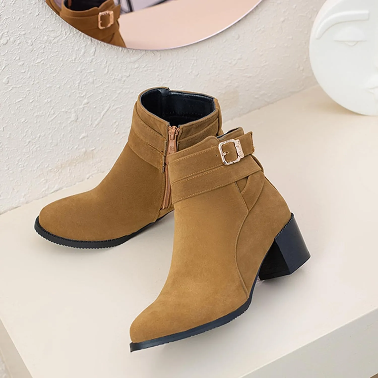 Women's Chunky Heel Ankle Boots Side Zipper Booties