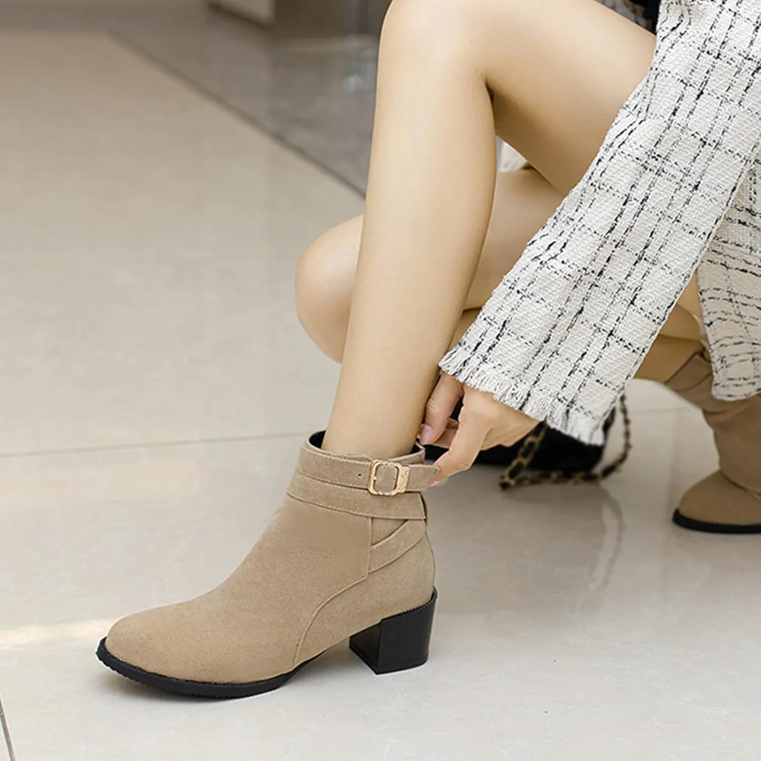 Women's Chunky Heel Ankle Boots Side Zipper Booties
