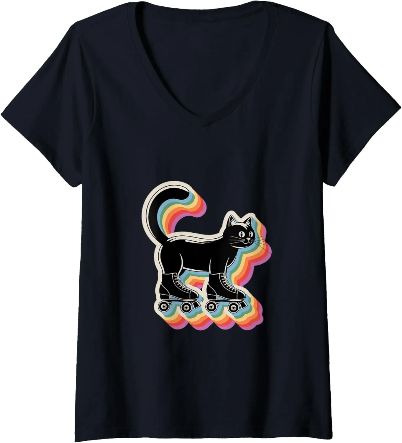 Womens Cute Kawaii Cat in Roller Skate Shoes Retro Roller Skating V-Neck T-Shirt