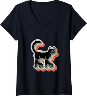Womens Cute Kawaii Cat in Roller Skate Shoes Retro Roller Skating V-Neck T-Shirt