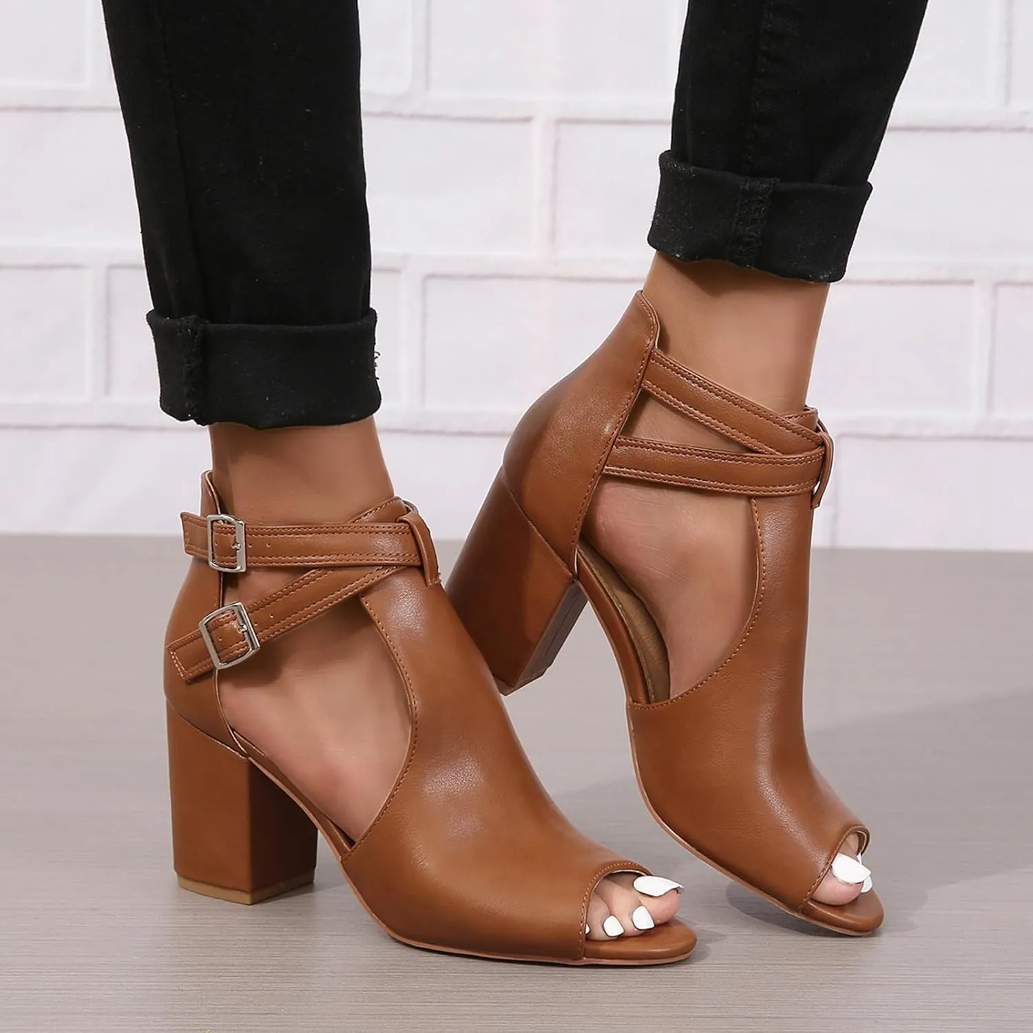Women's Dress Booties Summer Cut Out Chunky Heeled Sandals Ankle Buckle Strap Peep Toe Boots