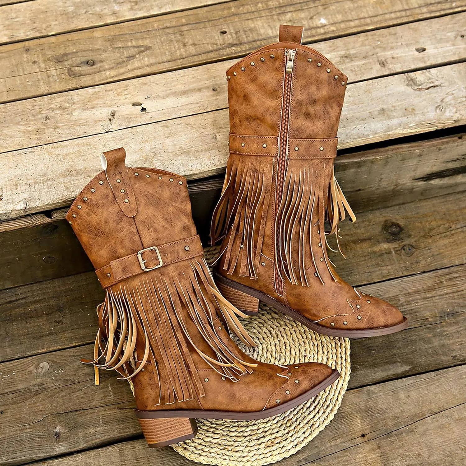 Women's Fringe Stud Chunky Heel Mid Calf Boots,Classic Pointed Toe Side Zipper Comfort Boots Retro Stacked Heel Western Cowgirl Cowboy Boots