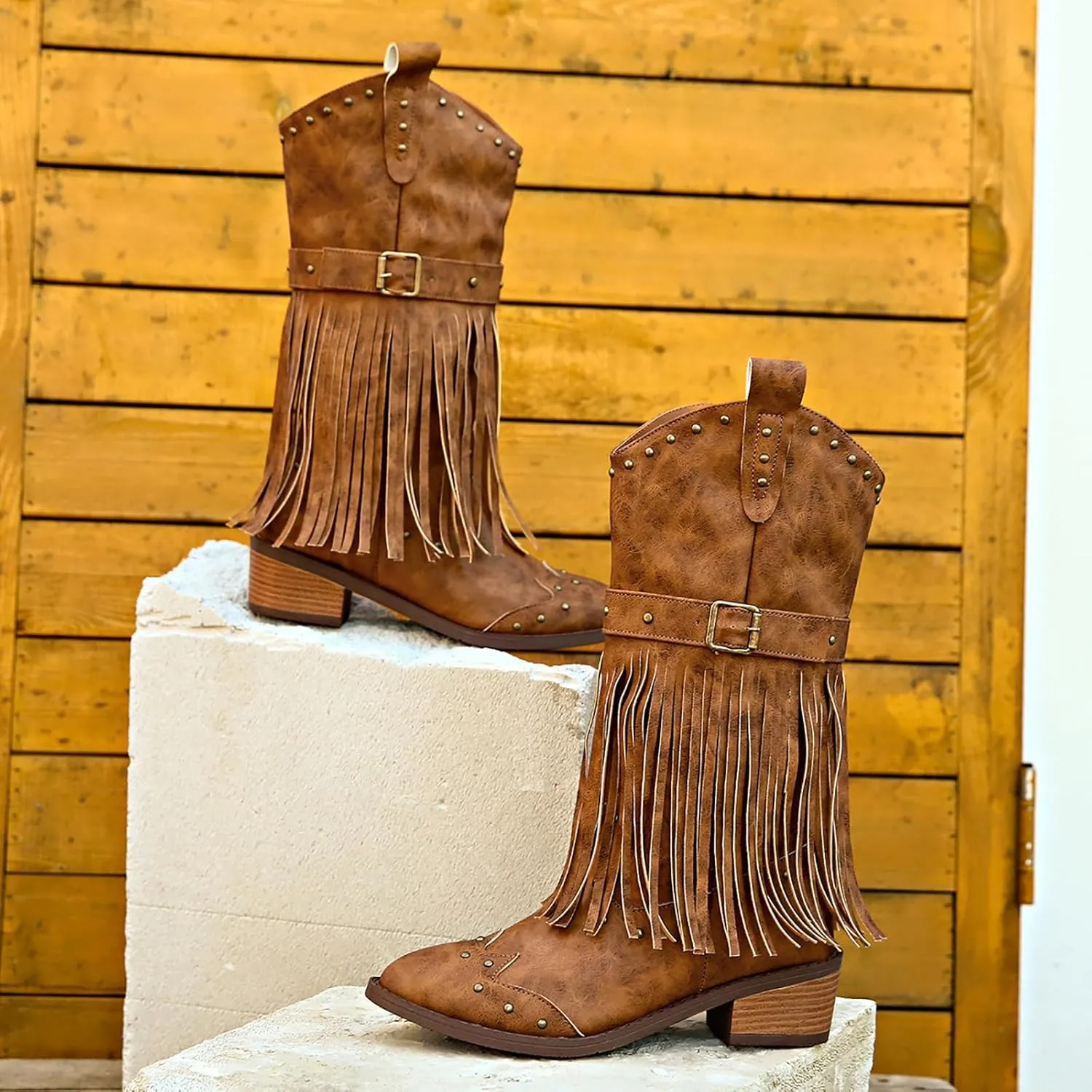 Women's Fringe Stud Chunky Heel Mid Calf Boots,Classic Pointed Toe Side Zipper Comfort Boots Retro Stacked Heel Western Cowgirl Cowboy Boots