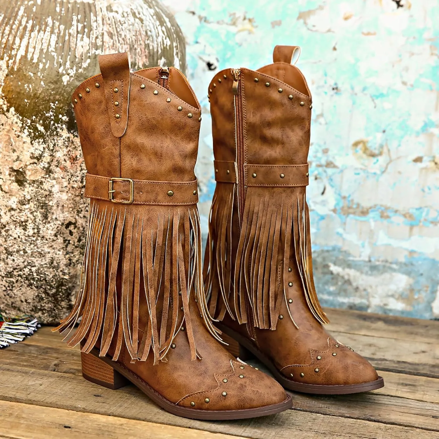 Women's Fringe Stud Chunky Heel Mid Calf Boots,Classic Pointed Toe Side Zipper Comfort Boots Retro Stacked Heel Western Cowgirl Cowboy Boots