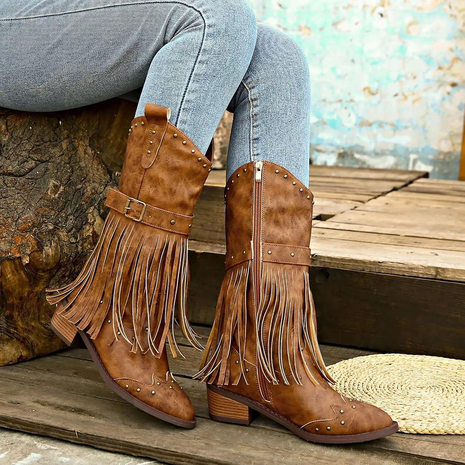 Women's Fringe Stud Chunky Heel Mid Calf Boots,Classic Pointed Toe Side Zipper Comfort Boots Retro Stacked Heel Western Cowgirl Cowboy Boots