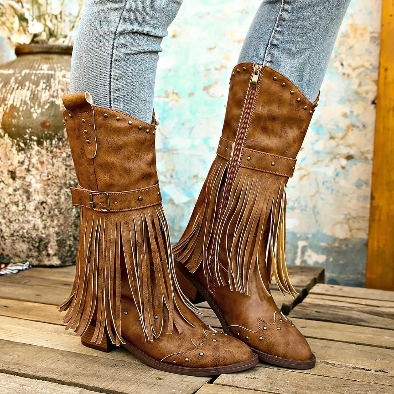 Women's Fringe Stud Chunky Heel Mid Calf Boots,Classic Pointed Toe Side Zipper Comfort Boots Retro Stacked Heel Western Cowgirl Cowboy Boots