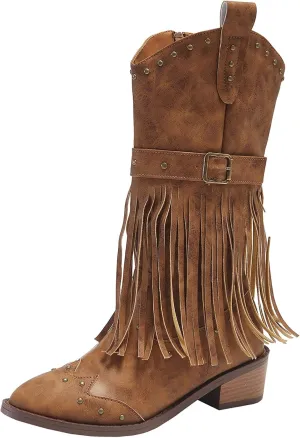 Women's Fringe Stud Chunky Heel Mid Calf Boots,Classic Pointed Toe Side Zipper Comfort Boots Retro Stacked Heel Western Cowgirl Cowboy Boots