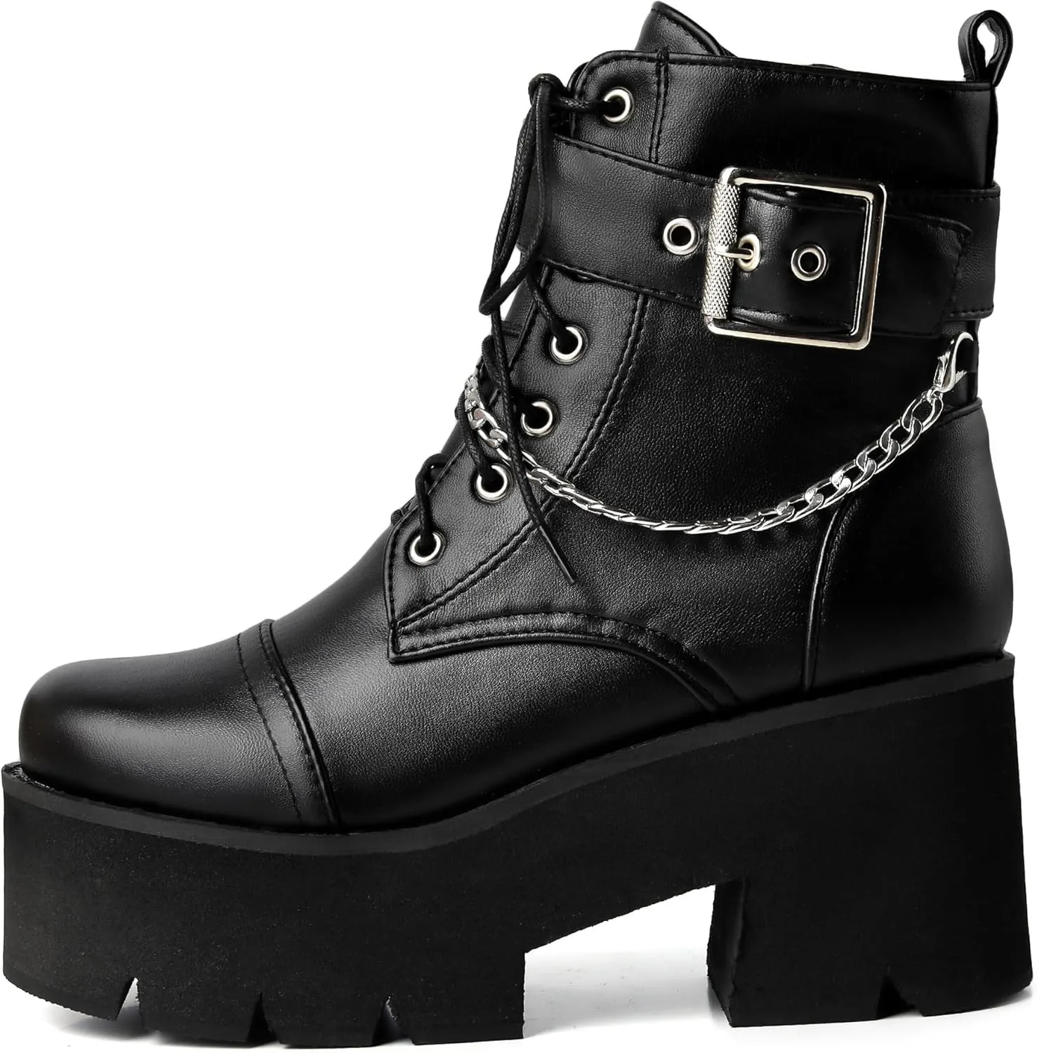 Women's Goth Chunky Platform Boots High Heel Lace Up Buckle Punk Motorcycle Combat Ankle Boots Round Toe Chains Side Zipper Prom Rave Boots