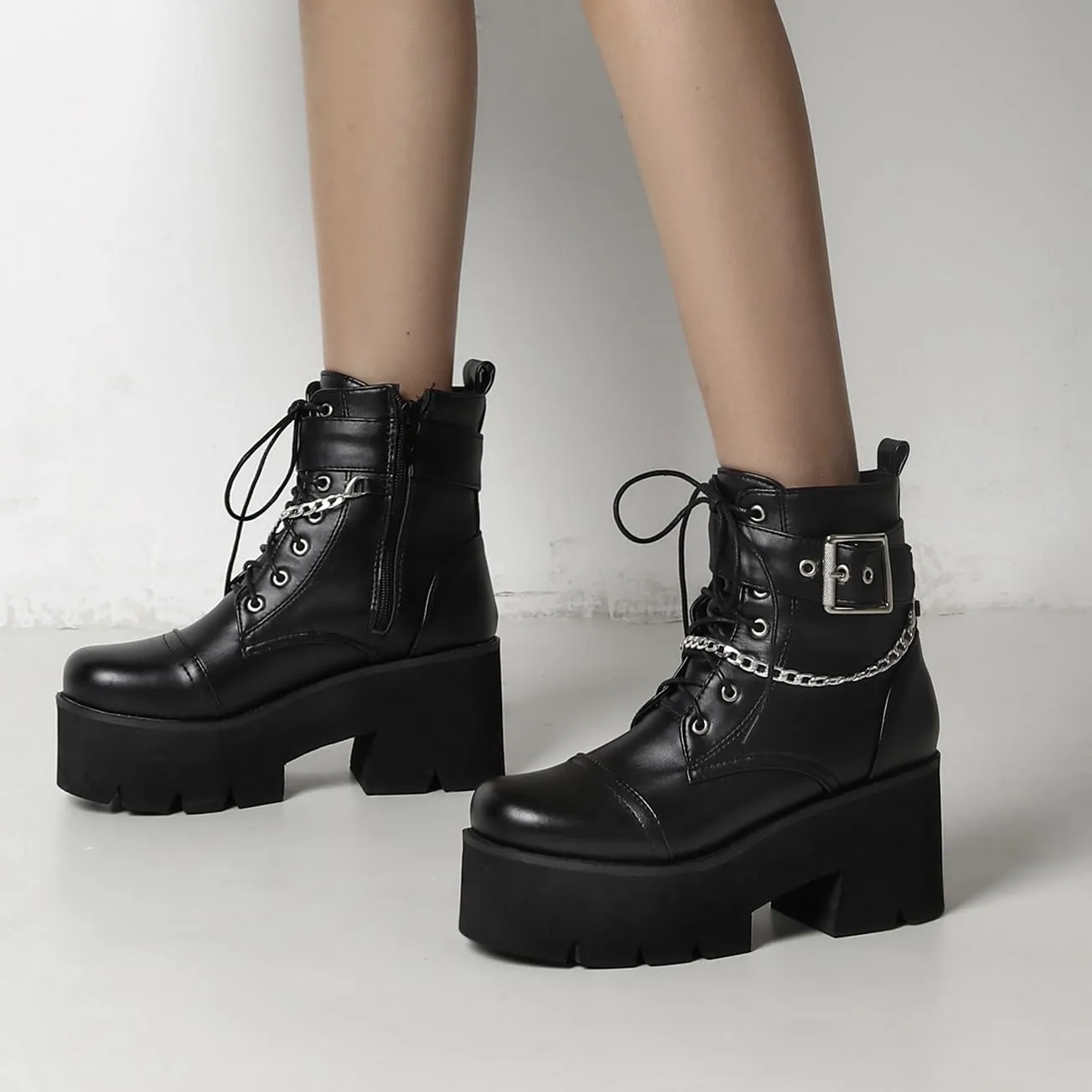 Women's Goth Chunky Platform Boots High Heel Lace Up Buckle Punk Motorcycle Combat Ankle Boots Round Toe Chains Side Zipper Prom Rave Boots