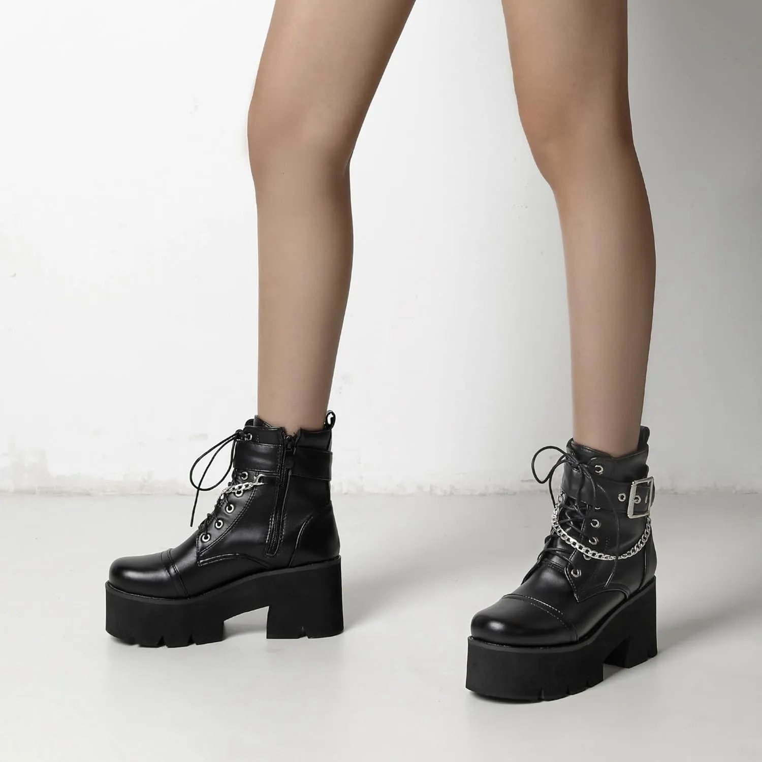 Women's Goth Chunky Platform Boots High Heel Lace Up Buckle Punk Motorcycle Combat Ankle Boots Round Toe Chains Side Zipper Prom Rave Boots