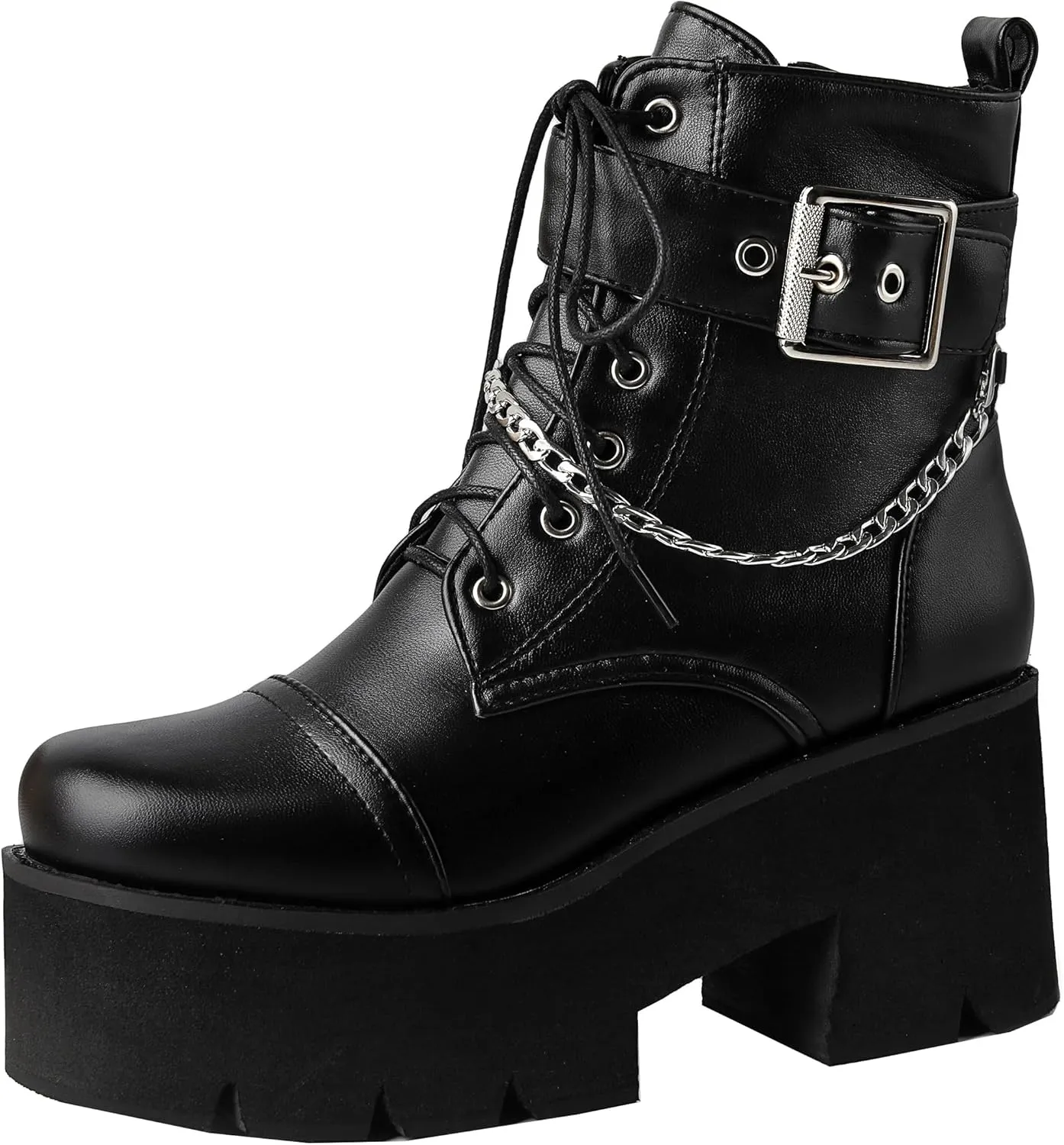 Women's Goth Chunky Platform Boots High Heel Lace Up Buckle Punk Motorcycle Combat Ankle Boots Round Toe Chains Side Zipper Prom Rave Boots