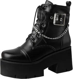 Women's Goth Chunky Platform Boots High Heel Lace Up Buckle Punk Motorcycle Combat Ankle Boots Round Toe Chains Side Zipper Prom Rave Boots