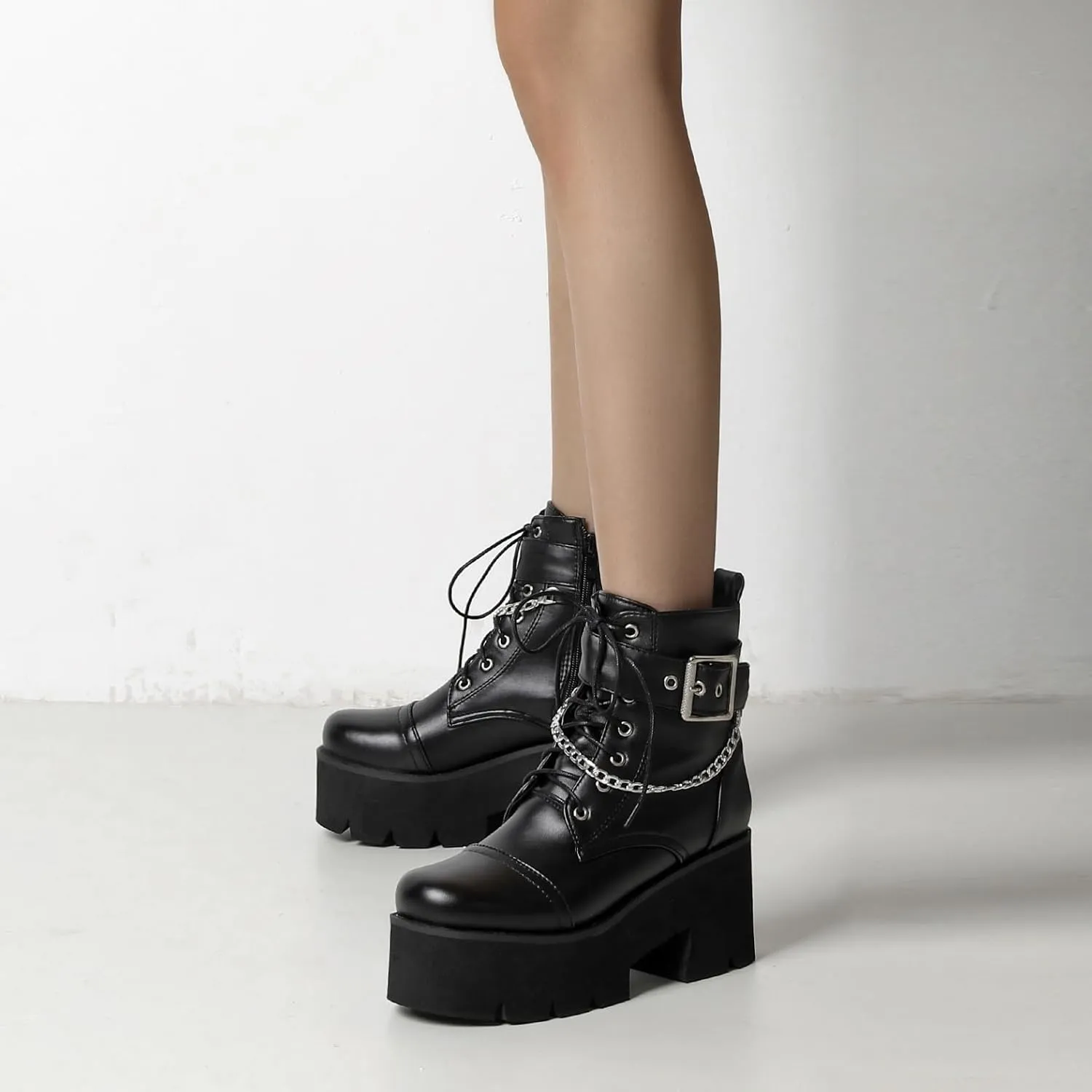 Women's Goth Chunky Platform Boots High Heel Lace Up Buckle Punk Motorcycle Combat Ankle Boots Round Toe Chains Side Zipper Prom Rave Boots