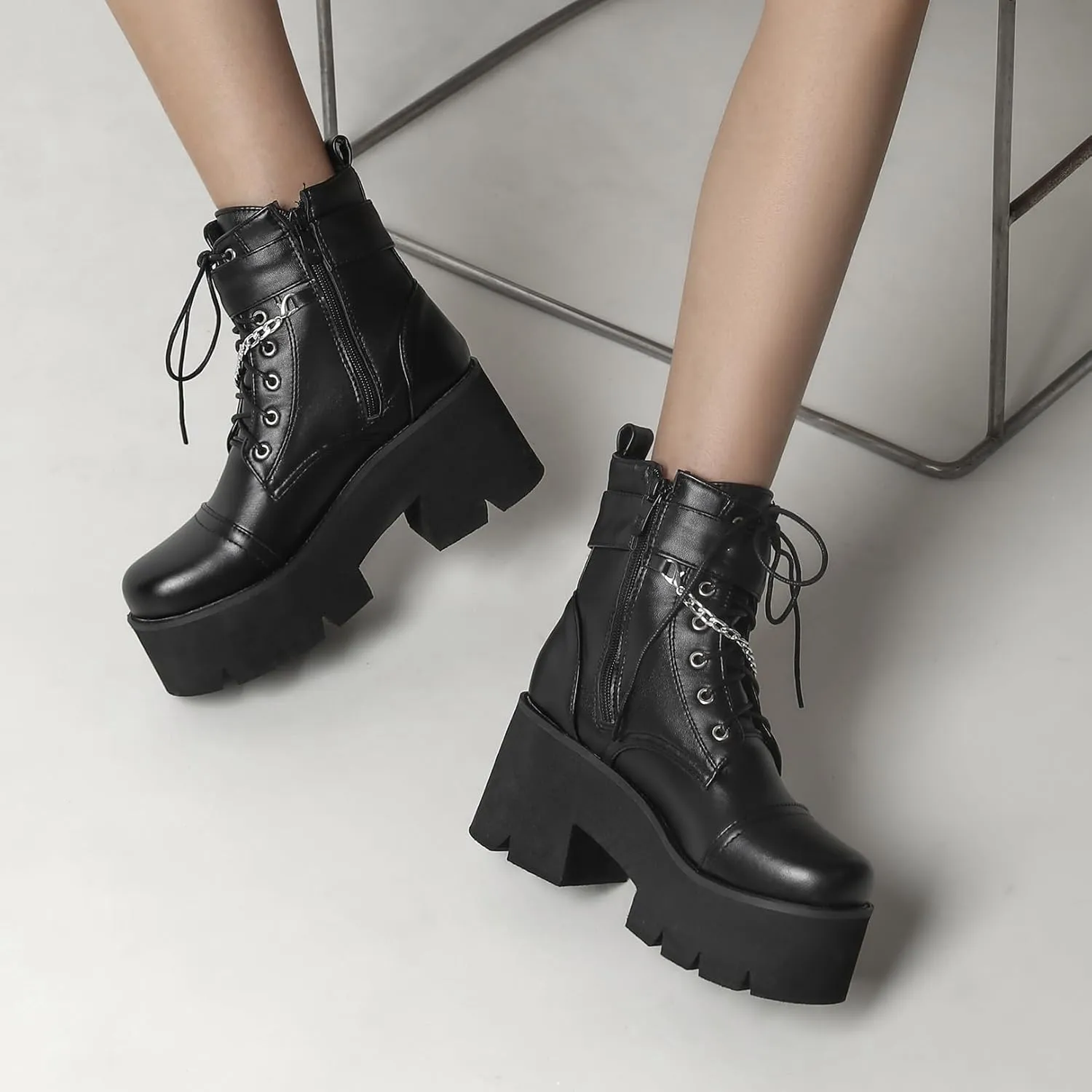 Women's Goth Chunky Platform Boots High Heel Lace Up Buckle Punk Motorcycle Combat Ankle Boots Round Toe Chains Side Zipper Prom Rave Boots
