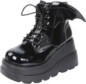 Womens High Platform Goth Ankle Booties Wedges Chunky High Heel Round-Toe Lace up Punk Combat Boots for Women