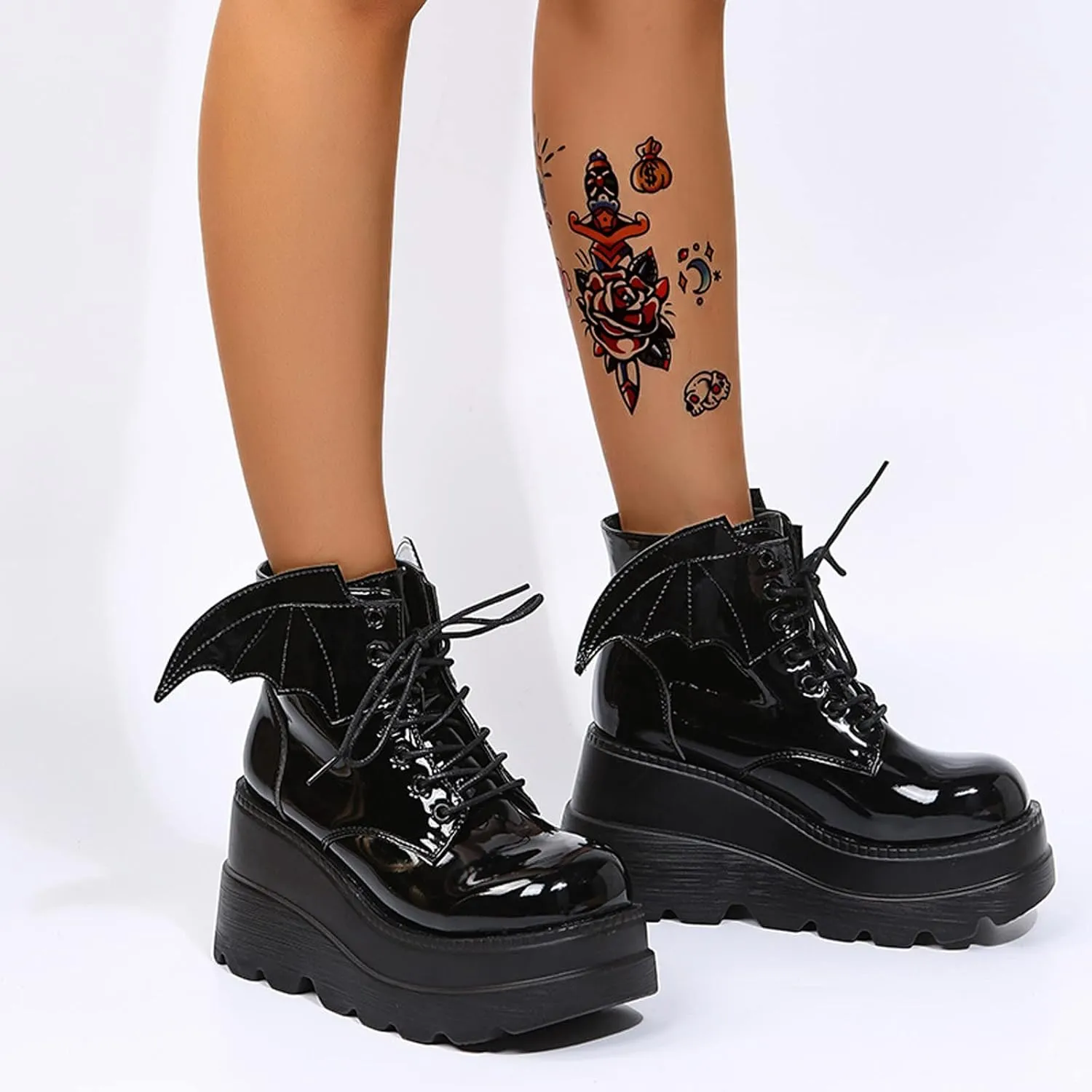 Womens High Platform Goth Ankle Booties Wedges Chunky High Heel Round-Toe Lace up Punk Combat Boots for Women